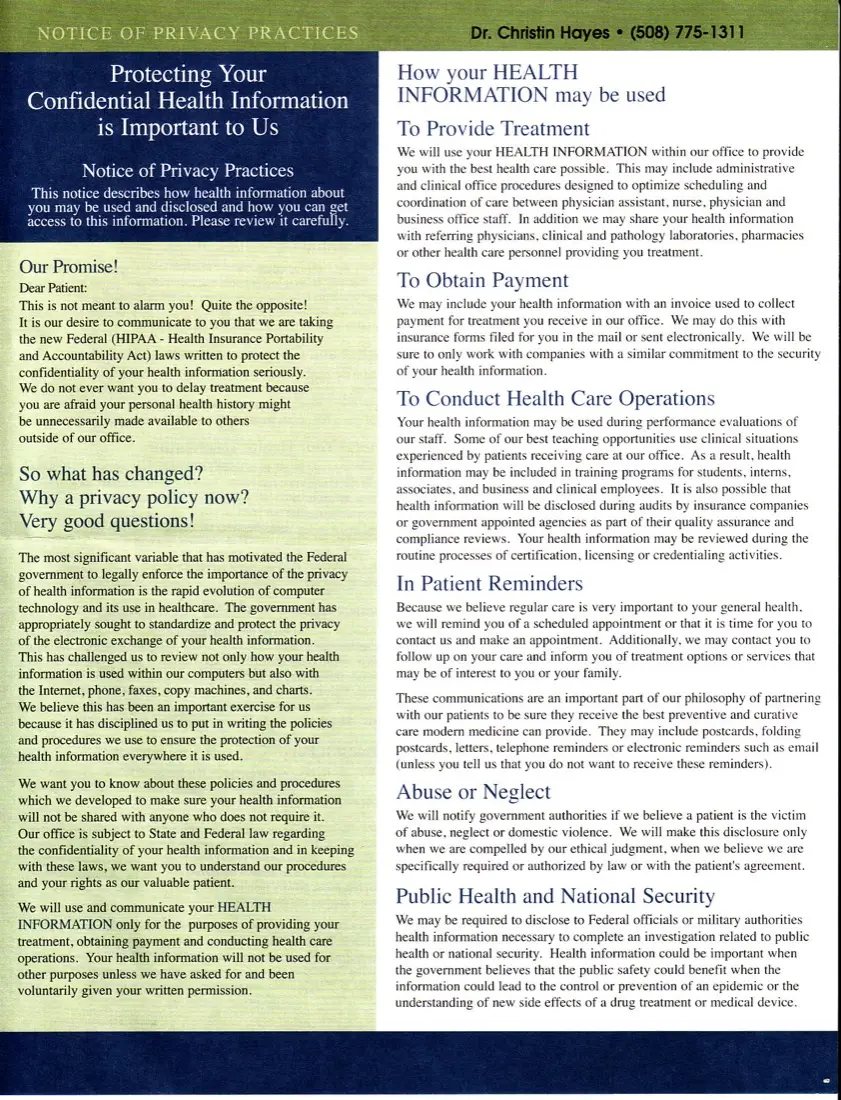 Notice of Privacy Practices from Dr. Christin Hayes, Atlantic Coastal Wellness, (508) 775-1311